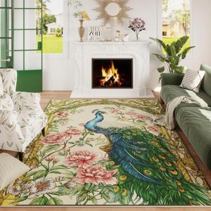 Living Room Rug 5x7 Rug Machine Washable Floral Peacock Area Rug Non Slip Floral Animal Vintage Low Pile Large Rugs for Living Room, Bedroom, Farmhouse, Dining Room, Kids Playroom (Beige)