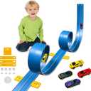 15 Ft Flexible Race Car Track (Daytona Blue) for Kids,Flex Track Starter Set Compatible with Hot Wheels and Diecast 1/64th Cars,Portable Racetrack Roll Up Race Track with 4 Racecars and Suction Cups