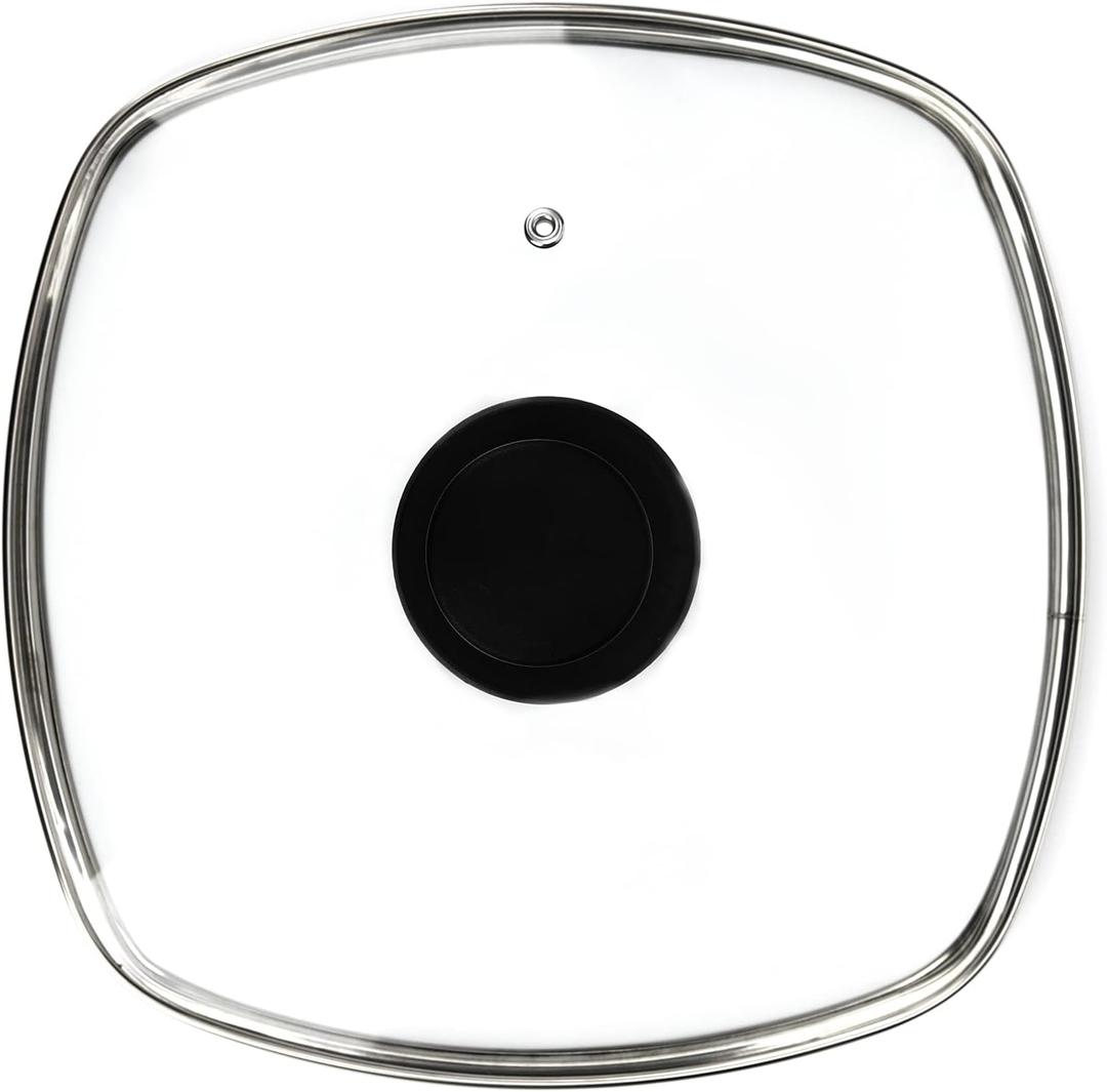 FOLI Square Glass Lid for Grill Pans with Steam Vent Hole - Fits Lodge Cast Iron Skillets 10.5inch(26.67cm) - Square Tempered Glass Lid - Universal Replacement Cover Bakelite Round Knob