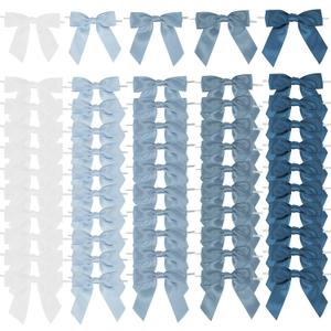 AIMUDI 5 Colors Dusty Blue Twist Tie Bows 3.5" Premade Blue Satin Ribbon Bows for Gift Wrapping Pre-Tied Treat Bows for Wedding Decor, Bridal Shower, Baby Shower, Wreaths, Party Favors - 50 Counts