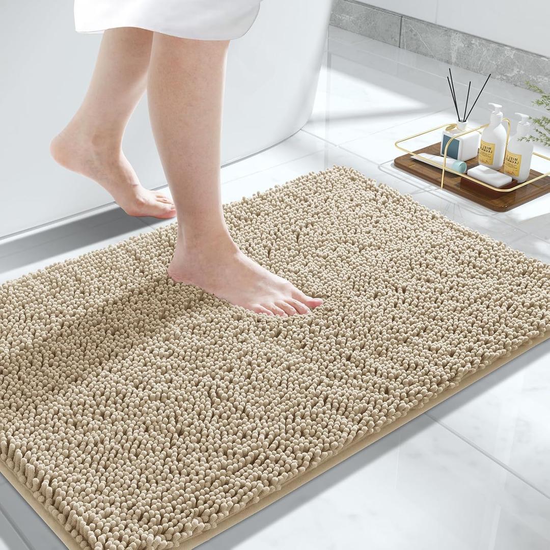 Yimobra Bathroom Rug Mat, 32'' x 20'', Luxury Chenille Shaggy Bath Rugs, Extra Soft & Thick, Absorbent Water, Non-Slip, Machine Washable, Bath Mats for Bath Floor,Tub and Shower, Pale Khaki