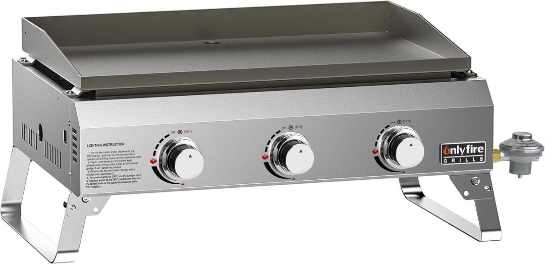 ONLYFIRE GRILLS Tabletop Gas Griddle 3-Burner, Portable Propane Gas Flat Top Griddle 315 SQ.IN Cooking Area, Outdoor Barbecue Stove for Patio BBQ Camping Tailgating RV, Stainless Steel, Classic GS311