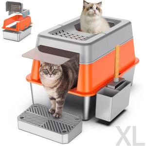 Stainless Steel Litter Box with Lid, XL Extra Large Enclosed Cat Litter Box for Big Cats 110 Flip Cover, Top Entry Metal High Sided Cat Box & Pedal & Scoop, Anti-Leakage (Orange)