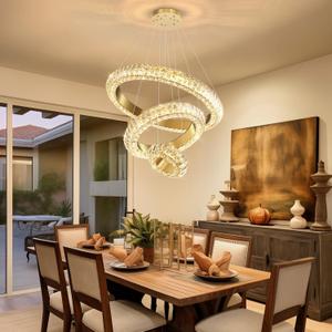 23.6" 3 Ring Crystal Chandelier Modern LED Dimmable Ring Pendant Light Round Chandelier for Dining Room Living Room Gold, 3 Ring Round 24"