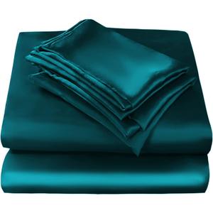 JSD Teal Blue Satin Sheet Set Full Size, 4 Piece Silky Bed Sheets Extra Deep Pocket, Good for Hair and Skin