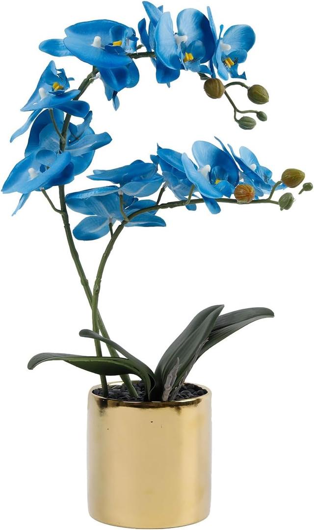 17 Artificial Orchid Flowers Potted,Realistic Faux Blue Flowers in Pots for Bathroom Kitchen Home Office Living Room Table Decor Indoor Outdoor