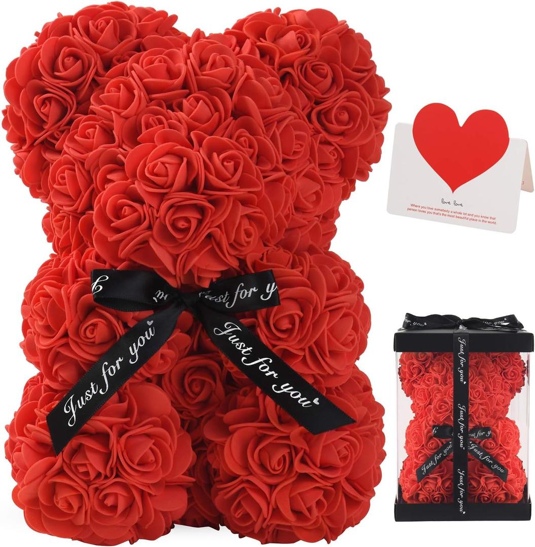 LINKLO Rose Bear Rose Teddy Bear -10 inch Artificial Rose Flower Bear, Gift for Wedding, Mothers Day and Anniversary, Including Transparent Gift Box(Red)