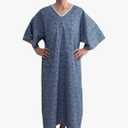 2 PK 3XL Hospital Gown – Blue Leaf Print V-Neck Unisex Patient Robe with Steel IV Shoulder Snaps Fits Men to 2XL & Women to 3XL