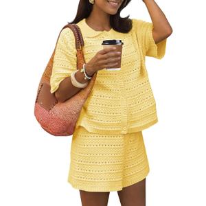 Fisoew Womens Summer 2 Piece Crochet Beach Outfit Cover Ups Button Cardigan Loose Knit Shorts Sets Vacation Swimsuit (Yellow, S)