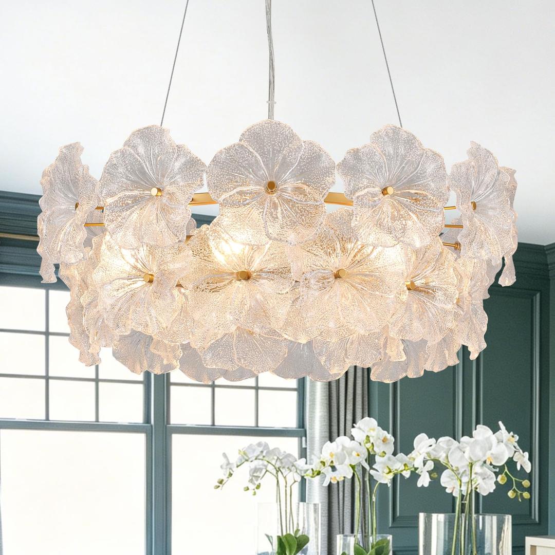 Tyottadar Gold Flower Chandelier 23’’ Modern Crystal Chandeliers Light Fixture Round Luxury Glass Pendant Light for Dining Living Room Bedroom Foyer, UL Listed
