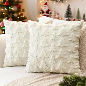 Artscope Christmas Tree Pillow Covers 18x18 Set of 2 Decorative Winter Holiday Throw Pillow Cases Soft Plush Faux Fur Velve Couch Cushion Case for Christmas Sofa Bed Room Home Decor-Beige