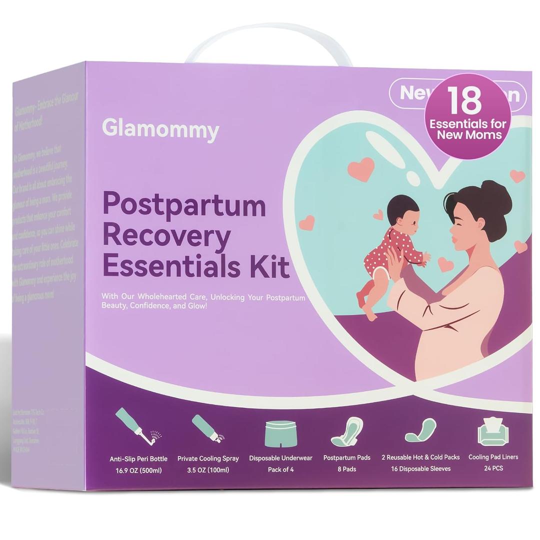 Glamommy Postpartum Recovery Essentials Kit for Women, Labor & Delivery Postpartum Care, Peri Bottle, Cooling Spray, Disposable Postpartum Underwears, Postpartum Pads, Hot&Cold Packs, Soothing Liners
