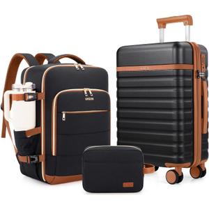 UKEIN Luggage Sets 3 Piece, Carry On Luggage 20In With Spinner Wheels, PC Hardside Suitcase Set with TSA Lock, Durable Carry On Suitcase With Travel Backpack for Men (Black Brown, 3 piece set (BP/20inch))