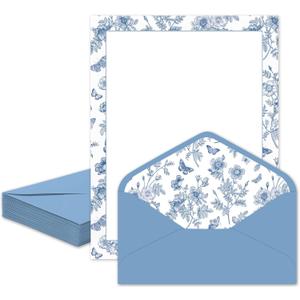 Whaline 30 Pcs Blue Floral Stationery Set with Envelopes Stickers Flower Butterfly Letterhead Letter Writing Paper and Envelopes for Wedding Birthday Party Invitation Office Printing, 8.5 x 11 Inch