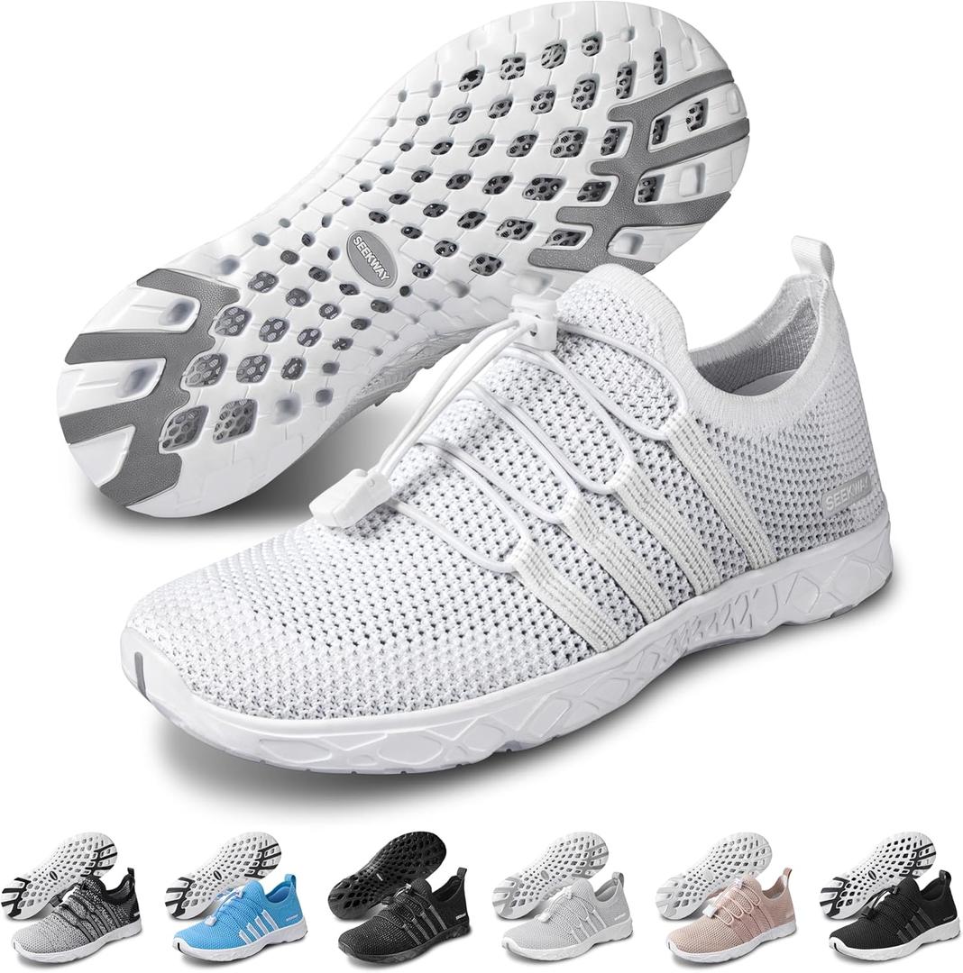 SEEKWAY Mens Womens Water Shoes Quick Dry Aqua Shoes Barefoot for Beach Surf Hiking Pool Water Sports (1a-knit White)