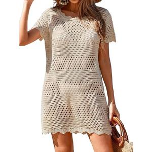 BreathSunny Womens Crochet Knit Elastic Waist Swimsuit Coverup Summer 2026 Double Side Drawstring Hollow Out Sheer Mesh Swimwear Coverups Beach Swim Bathing Suit Cover Up Mini Skirt White S