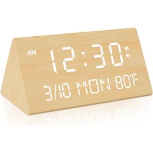 Kogonee Wooden Digital Alarm Clock, 0-100% Dimmer, 2 Alarm Settings, Weekday/Everyday Mode, 9 Mins Snooze, 12/24H, Temperature and Date Display for Office, Travel, Bedroom Alarm Clock (Bamboo), Small