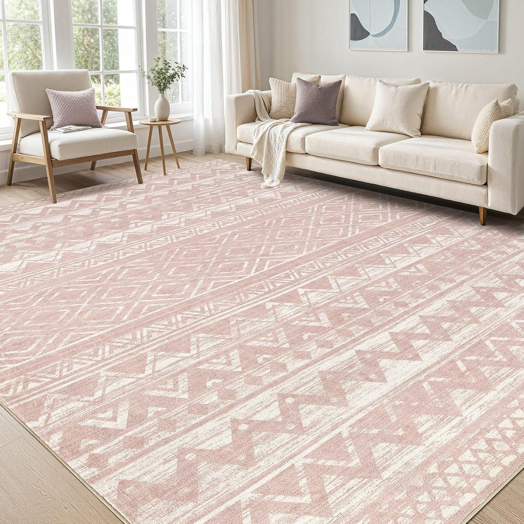 9x12 Area Rug for Living Room, Washable Non-Slip Large Area Rug, Indoor Floor Carpet Low Pile Soft Boho Farmhouse Rug for Bedroom Dining Room Lotus Pink9x12