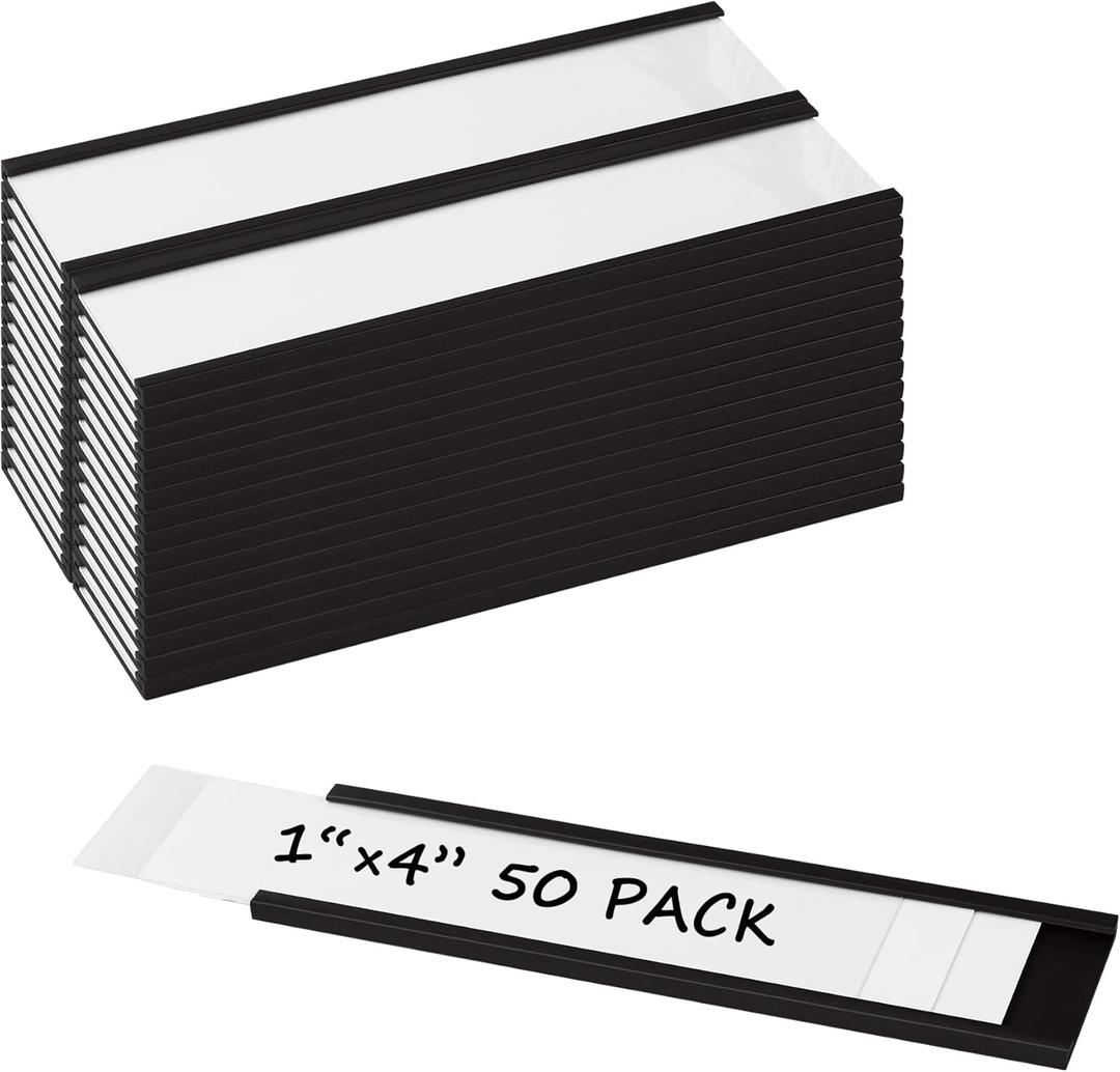 Realth C Channel Magnetic Label Holders 50 Pack 1'' x 4'' with Paper Inserts and Clear Plastic Protectors, Magnetic Data Card Holders File Cabinet Labels for Metal Racks and Shelves