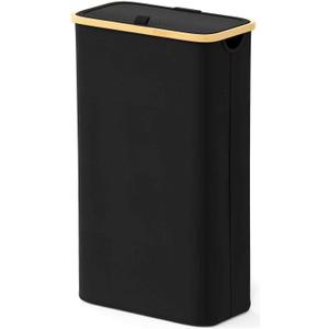 Slim Laundry Hamper with Lid, 65L Narrow Clothes Basket Bin with Bamboo Handles, Skinny Tall Collapsible Hamper for Bedroom, Bathroom, Dorm, Laundry Room - Black
