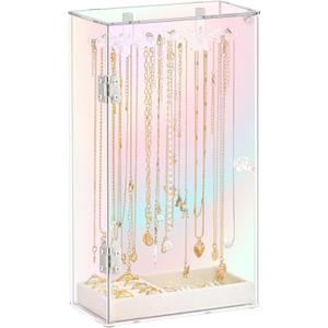 Cirhy Iridescent Acrylic Necklace Holder, Necklace Organizer with 24 Rotatable Hooks, Rainbow Jewelry Organizer Display Box with Velvet Tray for Long Necklaces Pendant Bracelets Rings Earrings
