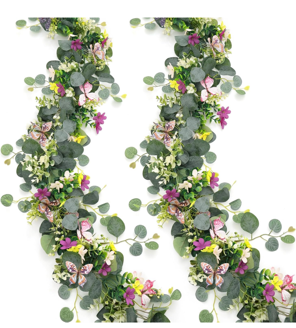 2 Pack 5.68 FT Artificial Daisy Garland with 3D Butterfly, Hanging Fake Flowers Greenery Eucalyptus Garland Floral Vines for Wedding Table Home Room Sping Decor