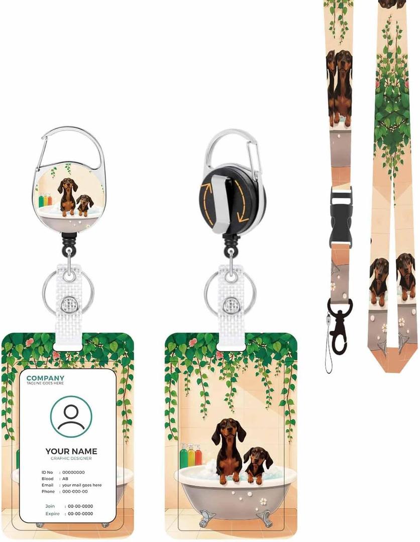 ID Badge Holder with Lanyard, Detachable Lanyard and Retractable Badge Reel Clip, Vertical ID Protector Bage Clips for Man Woman Teachers Students Office Workers Nurses - Bathtub Dachshund