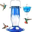 Kingsyard Glass Hummingbird Feeder 6 Feeding Ports, Hanging Bird Nectar Feeder 16 Ounces, Rustproof, Leakproof, Garden Backyard Decor, Ant Moat Included, Blue (Petal Gradient Blue)