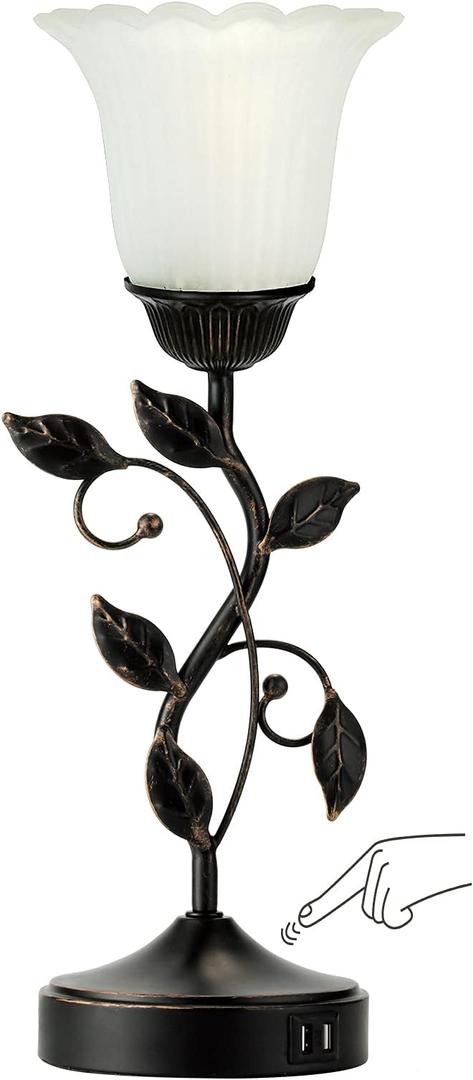 RORIANO Touch Bedside Lamp with 2 USB Charging Ports, 3Way Dimmable Nightstand Lamps, White Glass Shade Vintage Rural Leaf Lamp for Living Room Tabletop Bedroom Side Table, LED Bulb Included