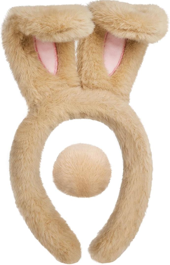 Easter Bunny Ears Headband and Tail Set,Plush Bunny Costume Accessories For Halloween Cosplay Party Performance (Brown)