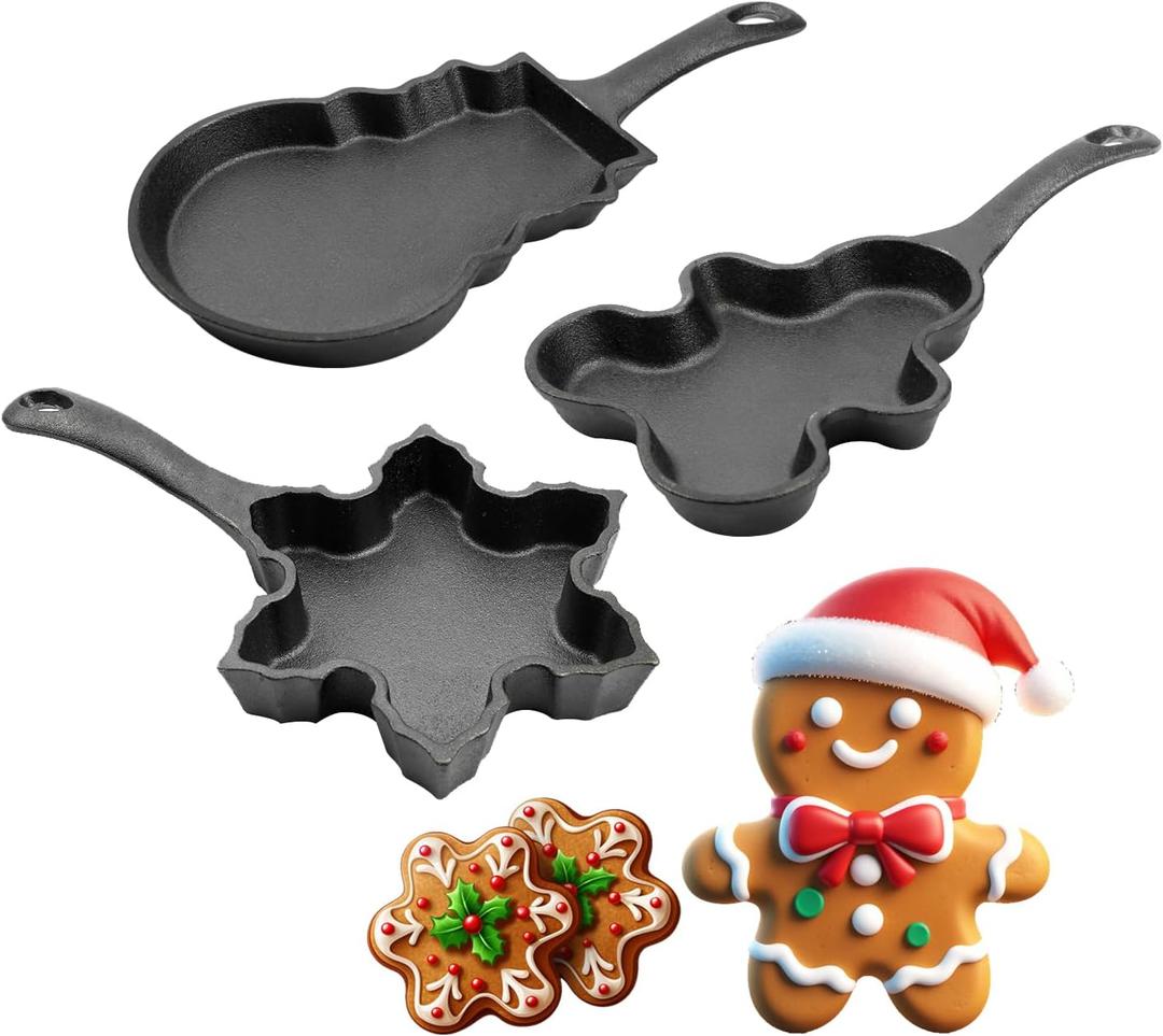 DVK Cast Iron Frying Pan with Various Shapes for Christmas Cookies Cutters Small Skillet for Heart/Snowman (3PCS)