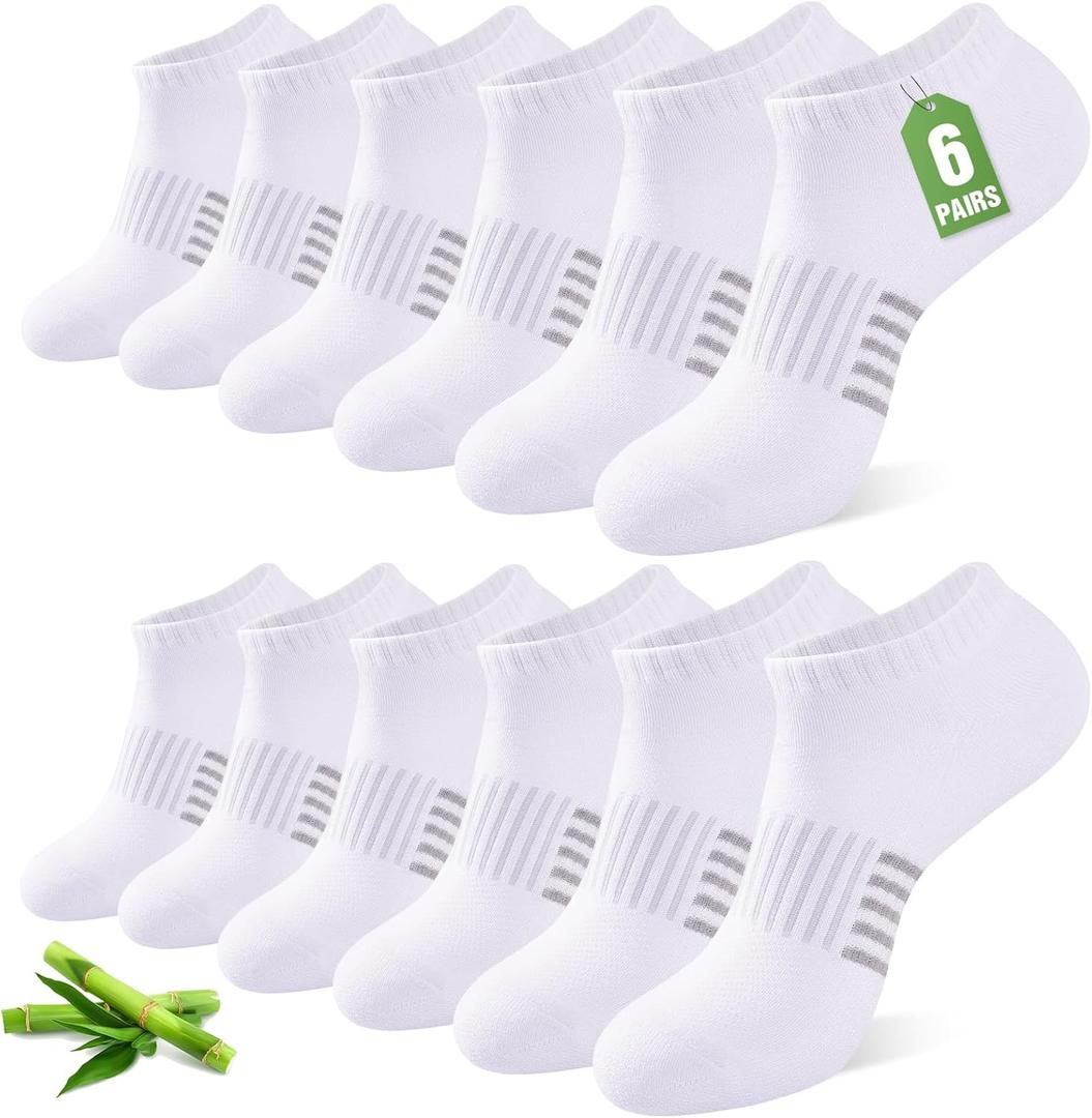 Ankle Socks for Women, 6/12 Pairs Bamboo Viscose Breathable Cushioned Moisture Wicking Athletic Running Casual Low Cut Socks, White 8-11