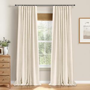 100% Blackout Shield Full Blackout Curtains for Bedroom 96 inch Length 2 Panels Set, Clip Rings/Rod Pocket Faux Linen Black Out Curtains for Living Room, Thermal Insulated, 50Wx96L, Cream