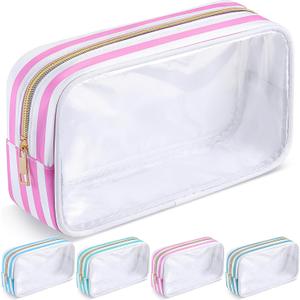 Kacctyen Clear Nylon Makeup Bag Preppy Cosmetic Bag Transparent Toiletry Pouch with Zipper Travel Skincare Toiletry Pouch Portable Cute Preppy Pencil Case for Girls Women School Stuff(Pink Stripe)