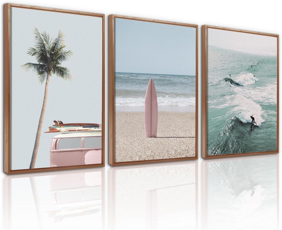 CHDITB Beach Framed Canvas Wall Art Set Of 3, Coastal Wall Decor, Ocean Wave Wall Painting, Palm Tree Seaside Artwork Surfboard Art Prints For Living Room Or Bedroom (12X16 Inch)