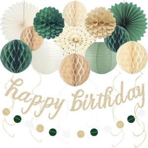 Sage Green Happy Birthday Decorations for Women, Pre-Strung Happy Birthday Banner with Honeycomb Balls, Paper Flowers, Lanterns, Hanging Swirls, Circle Dots Garland for Party Decor 24pcs (Sage Green Beige Champagne Gold)
