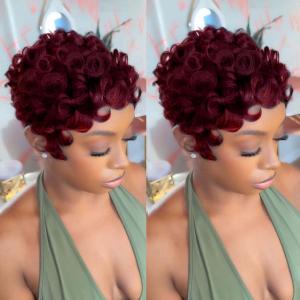 VRZ Short Human Hair Wigs for Black Women Pixie Cut Wig Human Hair Machine Made Burgundy 99J Chic Glueless Short Curly Wigs With Bangs Color 99J#S58#PH