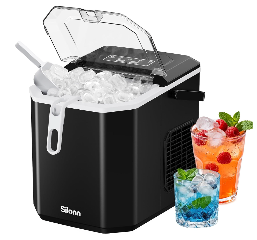 Silonn Ice Maker Countertop, Portable Ice Machine with Carry Handle, Self Cleaning Ice Makers with 1.8 L Water Tank and Big Ice Basket, 9 Cubes in 6 Mins, Ideal for Home Kitchen RV