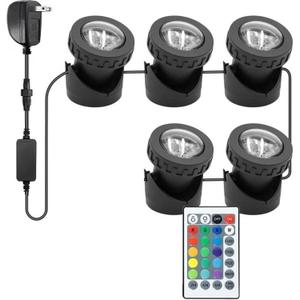 RGB Pond Lights with Timer, IP68 Waterproof Underwater Dimmable LED Fountain Lights for Outdoor Landscape Fish Tank Pond Fountain Waterfall Garden Lawn, 5 Lights