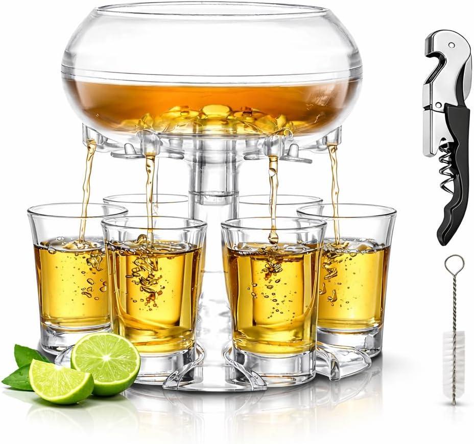 6 Shot Glass Dispenser and Holder Set with 6 Acrylic Shot Glasses, Bar Accessories for Parties, Home Bar, Game Nights, Bottle Opener and Cleaning Brush