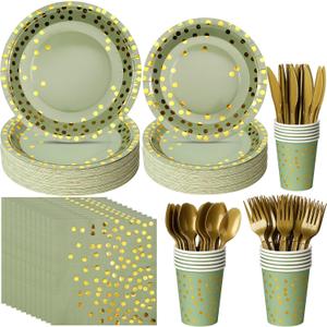 175pcs Sage Green Paper Plates and Napkins Set, Disposable Sage Green and Gold Polka Dot Party Plates Cups For Baby Shower Birthday Wedding Party Supplies and Decorations, Serve 25