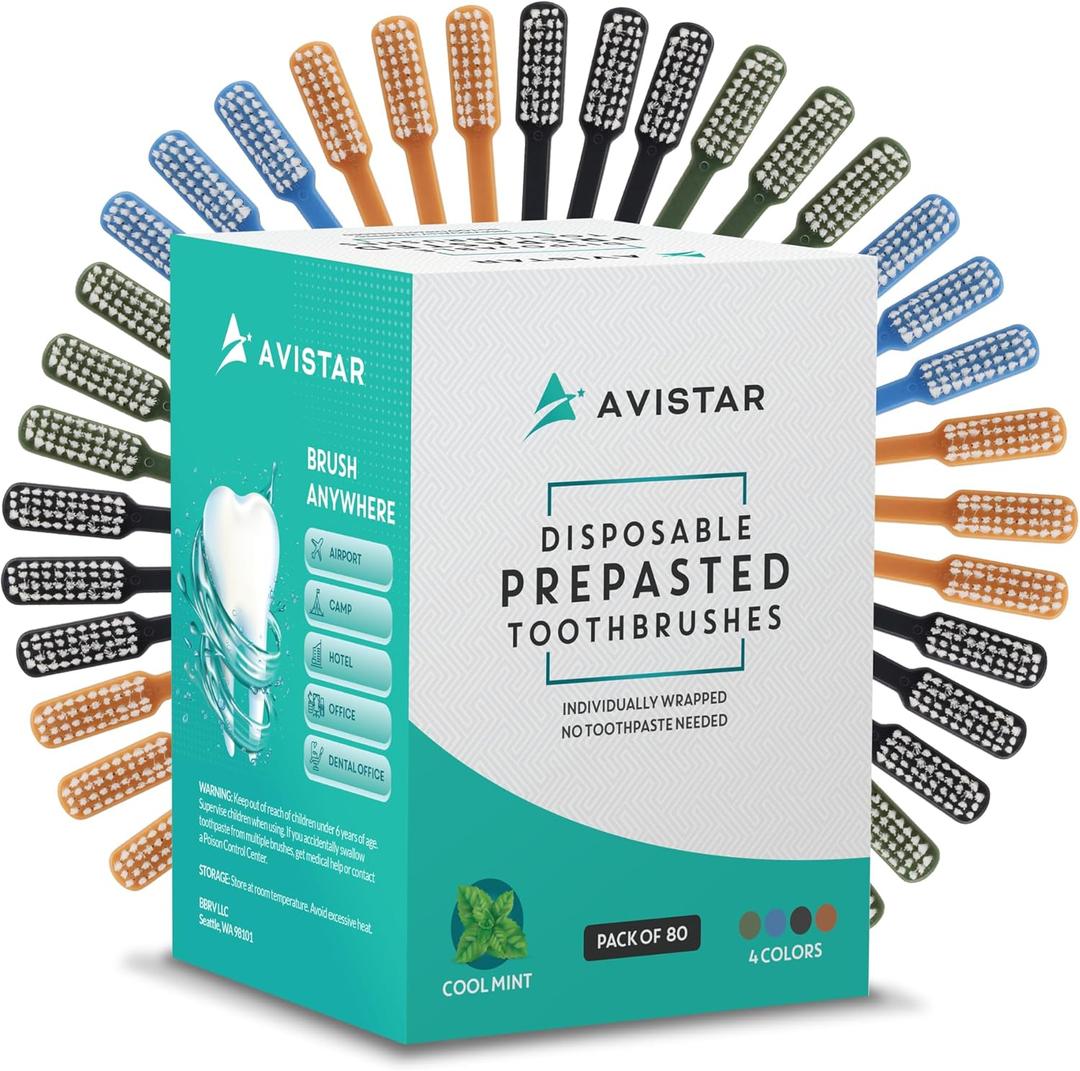 Avistar 80 Prepasted Disposable Toothbrushes Individually Wrapped - Single Use Pre Pasted Disposable Toothbrushes with Toothpaste Built in - Waterless Toothbrush for Travel, Guests, Hotel, & Camping