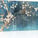 DekHome Large Size Couple Birds and Orchid Flower Blossom Picture Painting Print Artwork Teal Blue Canvas Wall Art Animal Canvas Print for Living Room Framed Ready to Hang 24"x40"