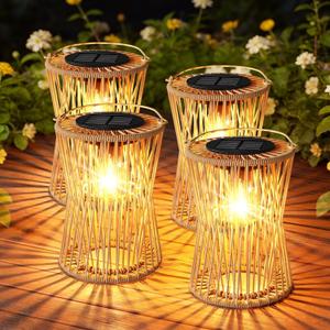 Solar Lanterns Outdoor Waterproof 4 Pack, Upgraded Rattan Hanging Solar Lights for Outside with Handle, Bright Auto On/Off Decorative Outdoor Lanterns for Patio Garden Yard Porch, Gifts for Mom