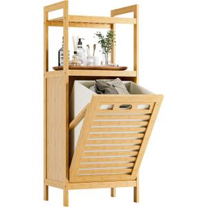 HITNET Tilt Out Laundry Hamper, Bamboo Laundry Basket with Foldable Bag and 2 Open Shelves, Freestanding Clothes Storage Organizer for Bedroom, Bathroom, Living Room, Natural