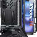 FNTCASE for iPhone 16 Phone Case: Military Grade [Built-in Screen Protector] [Kickstand] Matte Textured Drop Proof Protection Cover | Rugged Shockproof TPU Protective Sturdy Cases - Black