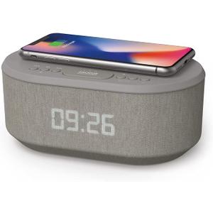 i box Dawn FM Radio, Bluetooth Wireless Speaker, Fast Charging, Clock Radio, LED Display, USB Charger, Dimmable Night Light, Alarm Clock Feature, Wireless Charger, Digital Clock, Dual Alarm (Grey)