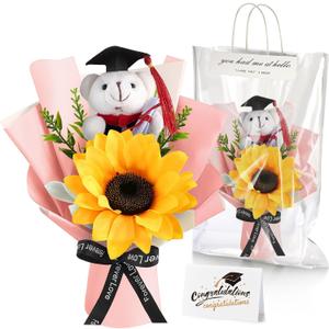 Giegxin 3 Pcs Graduation Bear Flower Bouquet Set, 2025 Small Plush Stuffed Bouquet with Bag and Gift Card Bear Doll Sunflower Artificial Floral for Grad Celebration Party Supplies (Pink)
