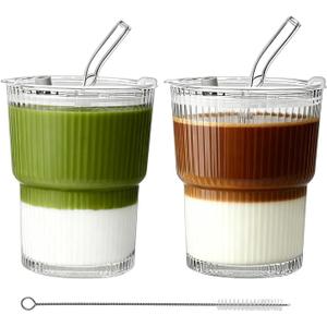 Ribbed Glass Tumbler with Lid and Straws, Resuable Ice Coffee Cups, To Go Iced Coffee Cups for Water, Smoothie, Matcha, Iced Tea Fruit Juice, Clear, 13oz, Set of 2