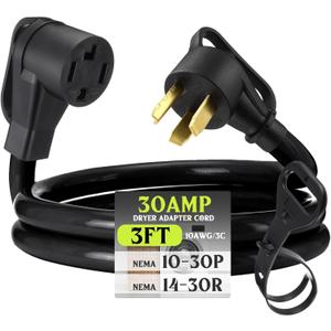 Kanayu 3 ft Dryer Adapter 4 Prong to 3 Prong, Dryer Convert Cord Compatible with Nema 10-30p Plug to 14-30r Receptacle, 3male Plug 4 Female Outlet Receptacle, 10 Awg STW, Etl Listed(Black)